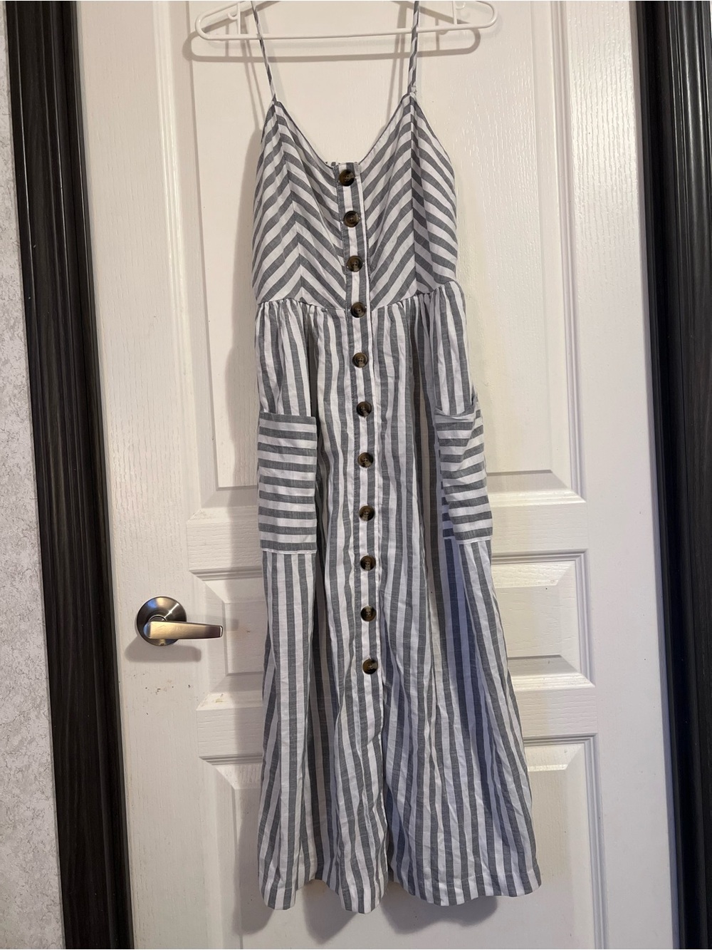 American Eagle Outfitters White and Gray Striped Button-Front Dress